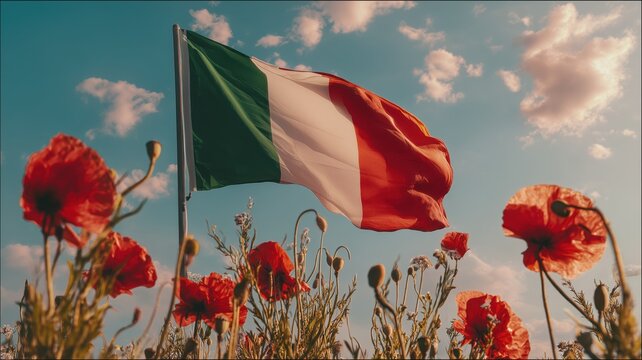 Vibrant field of red poppies with the Italian flag waving under a blue sky, symbolizing Liberation Day and national pride, 25 April, Italy, ANPI, Partisans