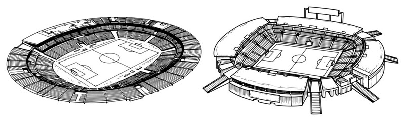 Set of two different soccer stadium designs in isometric perspective black and white sketch style © Mago