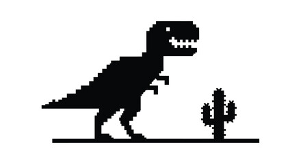 Pixelated dinosaur running past a cactus a striking silhouette © Taylor