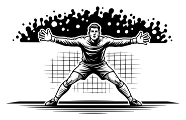Professional soccer goalkeeper making a wide save gesture in hand drawn black and white ink style