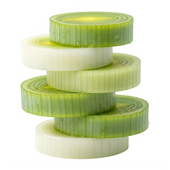 Stack of five wet sliced leek rounds on a white background