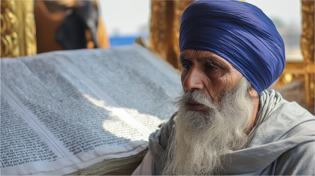 Elderly Sikh in blue turban reading sacred scripture, highlighting tradition, spirituality, and cultural heritage for impactful commercial storytelling