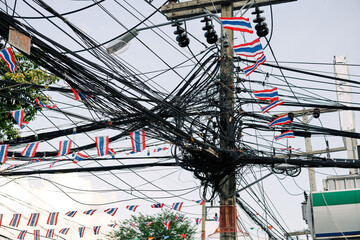 Fluttering Thai flags against blue sky