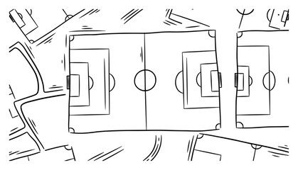 Hand drawn sketch of soccer field layouts and sports tactical diagrams from top view © Mago