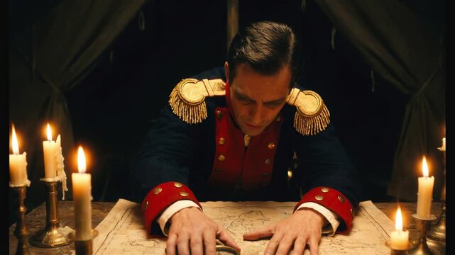 Focused historical military commander in uniform leans over a large table to analyze an old map illuminated by burning candles inside a dark army tent representing strategic war planning