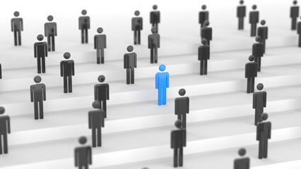 Leadership concept, blue leader man, standing out from the crowd, on white background. 3D Rendering