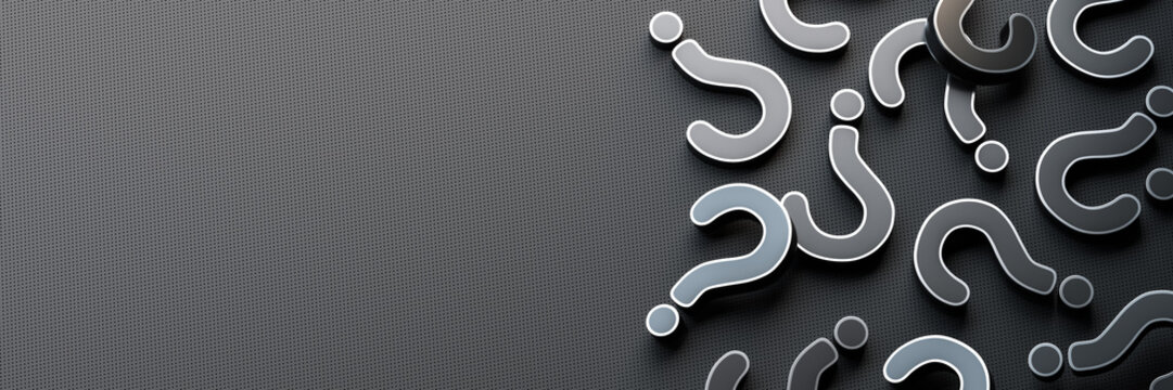 Black question mark on black background with empty copy space on left side, FAQ Concept. 3D Rendering