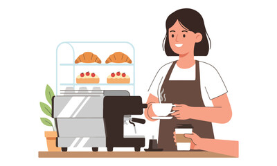 Barista serving coffee at cafe counter with espresso machine and pastries