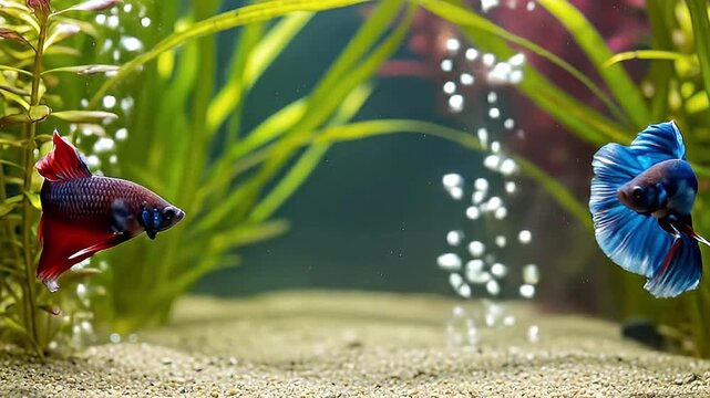 This captivating video showcases two exquisitely colorful ornamental fish, a brilliant blue and a striking red, swimming gracefully within a beautifully arranged aquatic environment. Their flowing, fa