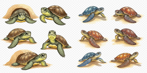 Collection of illustrated sea turtles in various poses and colors on a transparent background. © studio