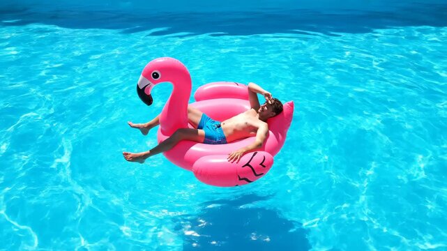 Man floating on a pink flamingo inflatable in a blue pool. Young male relaxing on a bird-shaped float during a sunny summer day. Vacation and holiday concept