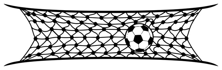 Black and white vector illustration of a soccer ball hitting the goal net © Mago
