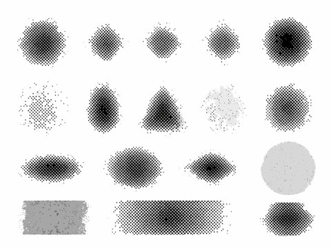 Collection of various grunge textures and splatter shapes displayed against a white background