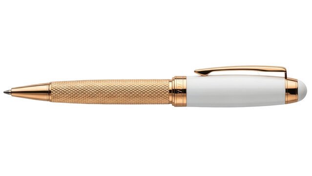 Isolated ballpoint pen featuring a gold checkered barrel and a white cap for writing use