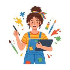 Smiling artist crafting digital art, surrounded by colorful inspiration