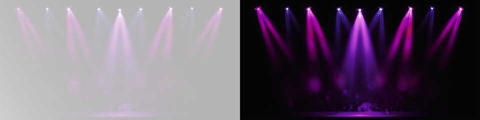 Pink spotlight stage background. Disco party projector light concert or show scene. Magic beam glow for nightclub or award winner with confetti glitter overlay spotlight purple light for the theater © Alehandro