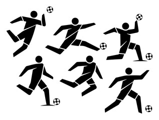 Set of black soccer player silhouettes performing various football match action poses © Mago