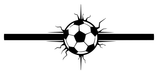 Soccer ball breaking through a black horizontal line with cracks and splinters