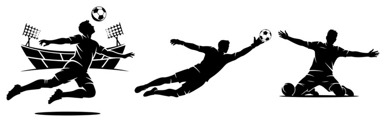 Set of soccer goalkeeper silhouettes performing action saves and dives