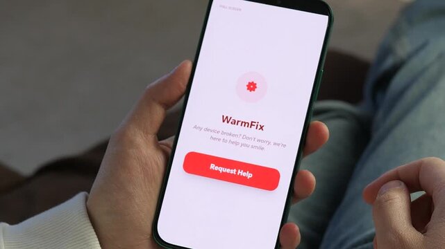 Close up of user ordering device repair through mobile service app at home. Modern on demand technical support, fast request and instant confirmation on smartphone. Perfect for technology, startup