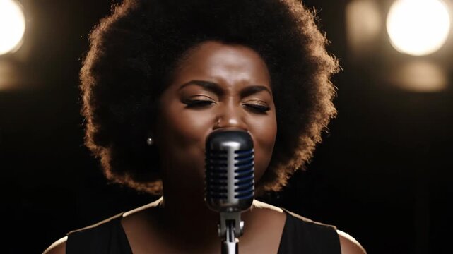 Close-up of an African American woman singing into a vintage microphone. Soulful female vocalist performing in a dark studio. Music and performance concept