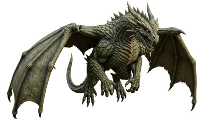 Isolated menacing dragon mid-air, fantastical monster with powerful wings outstretched © Miguel
