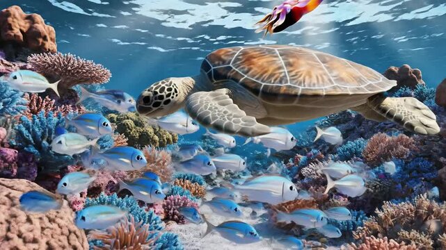 Colorful Tropical Coral Reef With Sea Turtles.