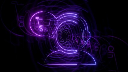 Obraz premium Neon glowing customer service agent icon with shopping cart speech bubble in futuristic digital tunnel, geometric lines and light leaks background