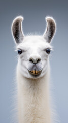 Fototapeta premium White llama portrait with funny expression isolated on blue background