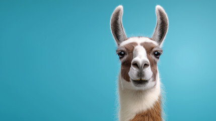 Obraz premium Llama portrait with long ears isolated on blue background