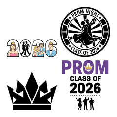 Prom class celebration logo bundle with crowns students and event badge icons © Sumona