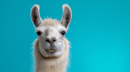 Fototapeta premium White llama portrait with funny expression isolated on blue background