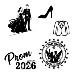 Prom couple and formalwear icon set with heels tuxedo script logo and star emblem © Sumona