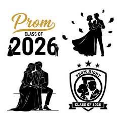 Prom script logo set with confetti dancing couple silhouettes and badge emblems © Sumona
