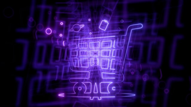 Neon glowing shopping cart icon in digital purple tech tunnel background, futuristic e-commerce online retail technology concept
