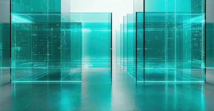 Futuristic interior. Glowing cubes form corridors. Minimalist design, bright teal illumination, reflective floor creates depth. Modern architecture.