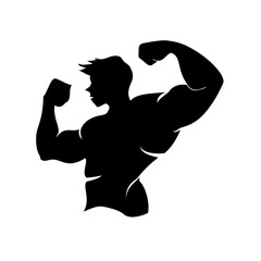 Dynamic silhouette of a strong male bodybuilder flexing his impressive biceps, embodying power, determination, and peak physical fitness for sports and health concepts