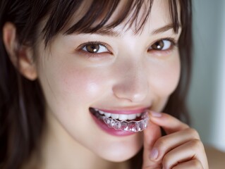 マウスピース矯正を始めて透明なリテーナーを装着し鏡の前で笑顔を見せる若い女性のアップ