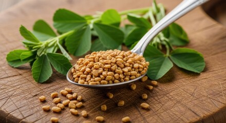 Fenugreek Seeds and Leaves on Wooden Surface.