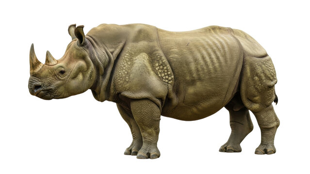 Isolated rhinoceros standing side view, majestic wild animal, prehistoric fauna still alive
