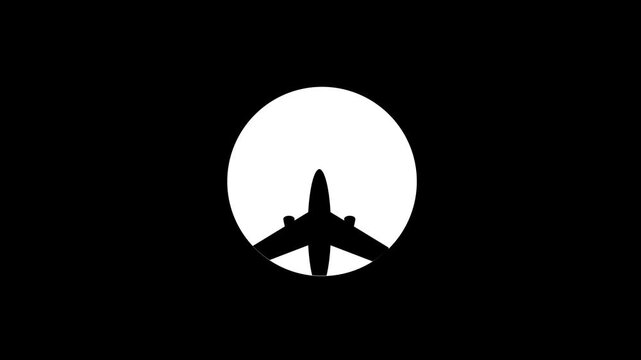 Abstract airplane mode application icon with a silhouette of an aircraft flying in front of a white circle on a transparent background, great for animation and user interface design