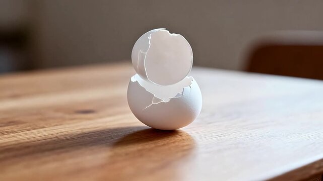 Cracked eggshell on wooden table
