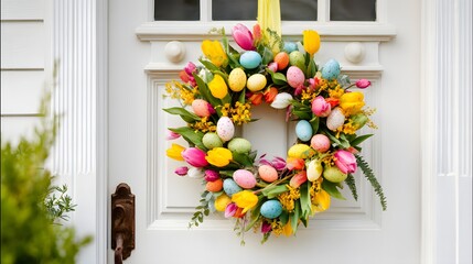 Spring Easter wreath hanging bright doorway