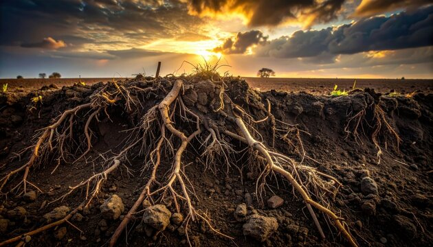 A detailed photographic capture showcases heavy, dark soil with a clumpy, unyielding texture and sparse, struggling roots visible under a dramatic sunset.