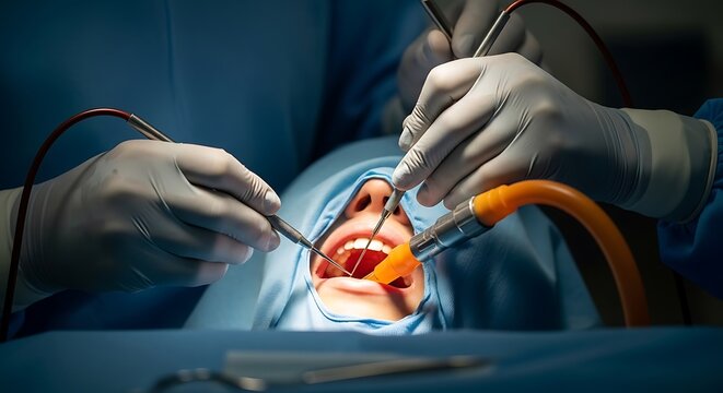 A dentist performing a surgical procedure on a patient's mouth with specialized tools and equipment.