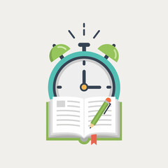 Alarm clock with open book and pencil in front of it.