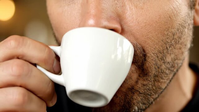Close-up of a bearded man drinking espresso and smiling. Person savoring a cup of coffee in a cafe. Enjoyment and relaxation concept