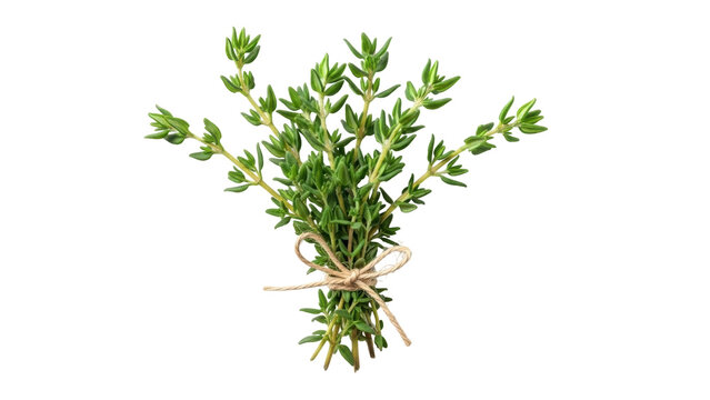 Isolated bunch of fresh thyme herbs, tied with twine. Aromatic herb and culinary plant.