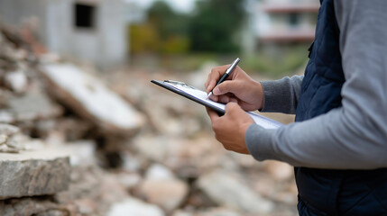 Engineer assessing damaged residential buildings and taking notes at sunset.