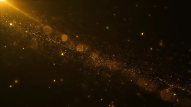 Golden Sparkling Particles in Deep Dark Background Exploring Light Trails